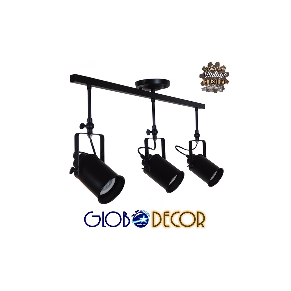 GLOBOSTAR® HOLLYWOOD 01155 Vintage Φωτιστικό Οροφής με Ντουί 3 x E27 AC 220-240V IP20 - Μαύρο - Μ13 x Π78 x Υ38cm